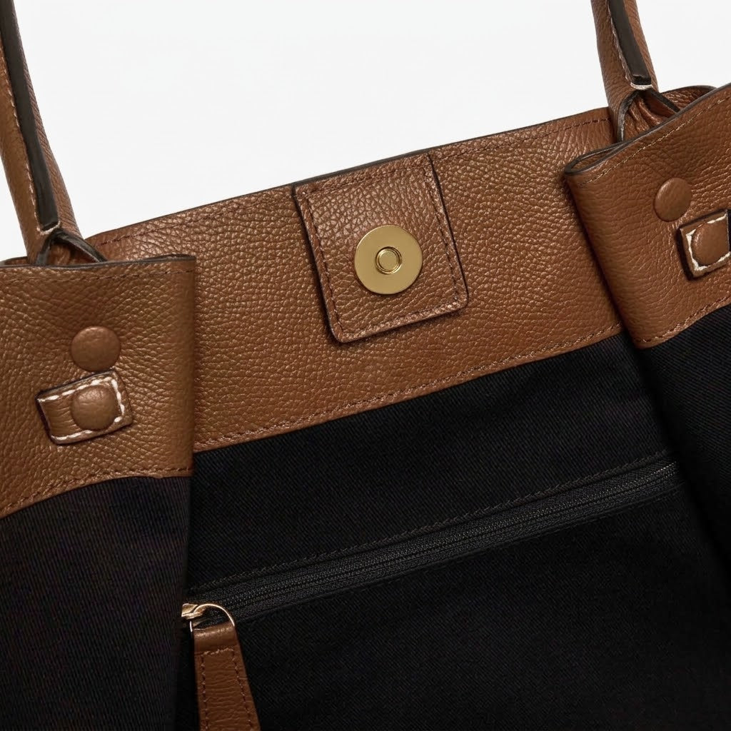 Brown Manhattan Tote interior with magnetic closure and zip pocket