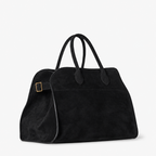 Margaux Suede Carryall Bag in Black - Side View with Gold Buckle