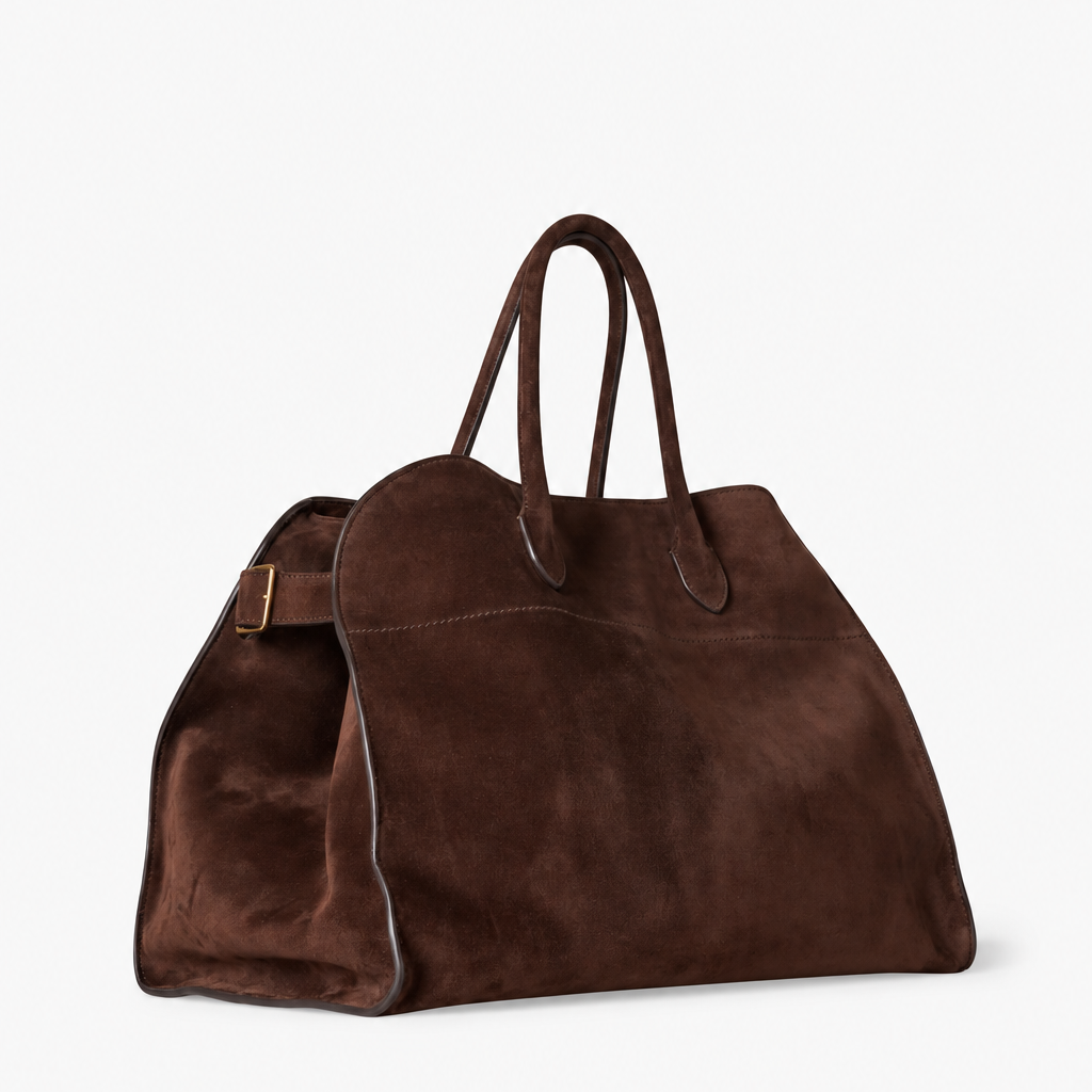 Margaux Suede Carryall Bag in Chocolate Brown - Angled View