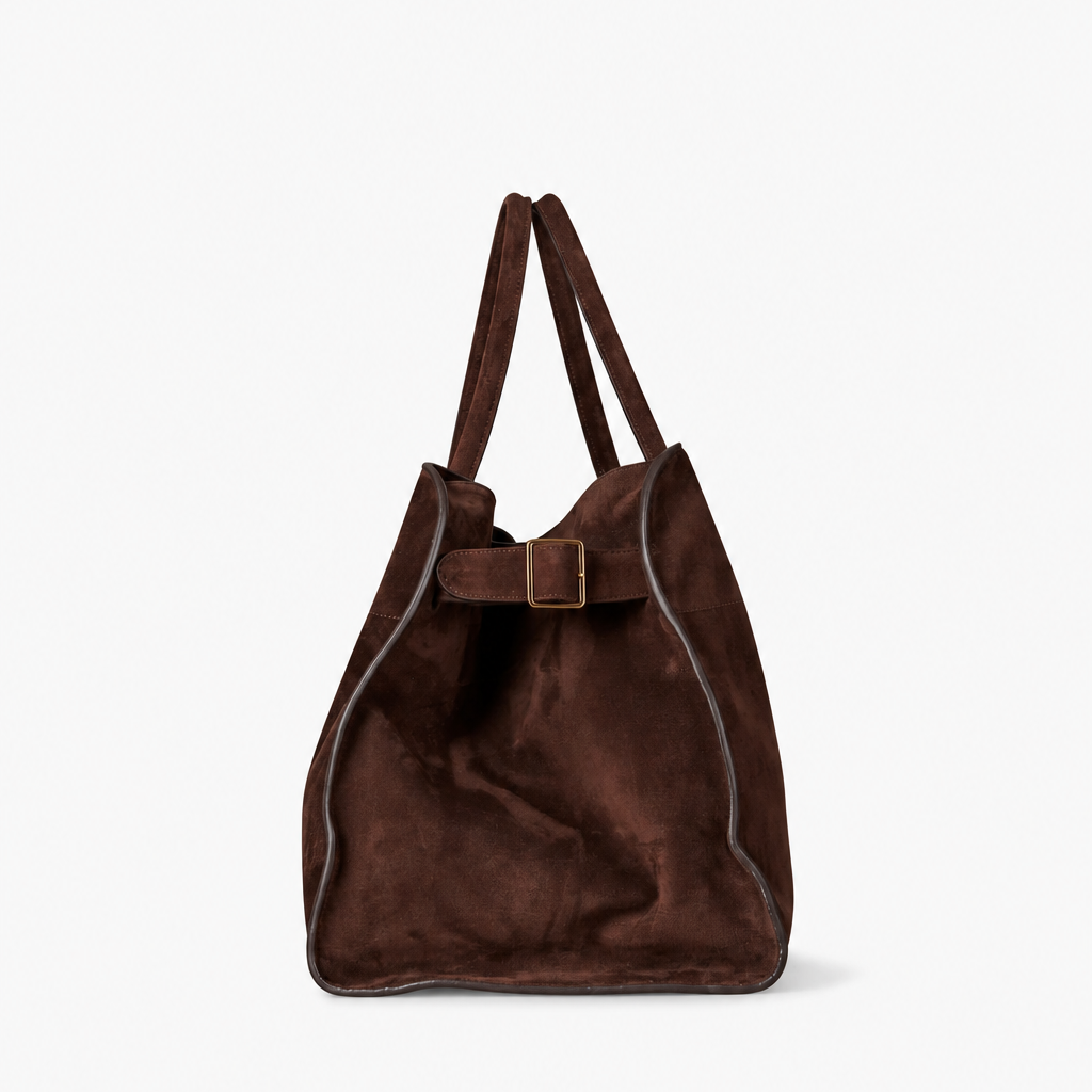 Margaux Suede Carryall Bag in Chocolate Brown - Side View with Buckle Detail