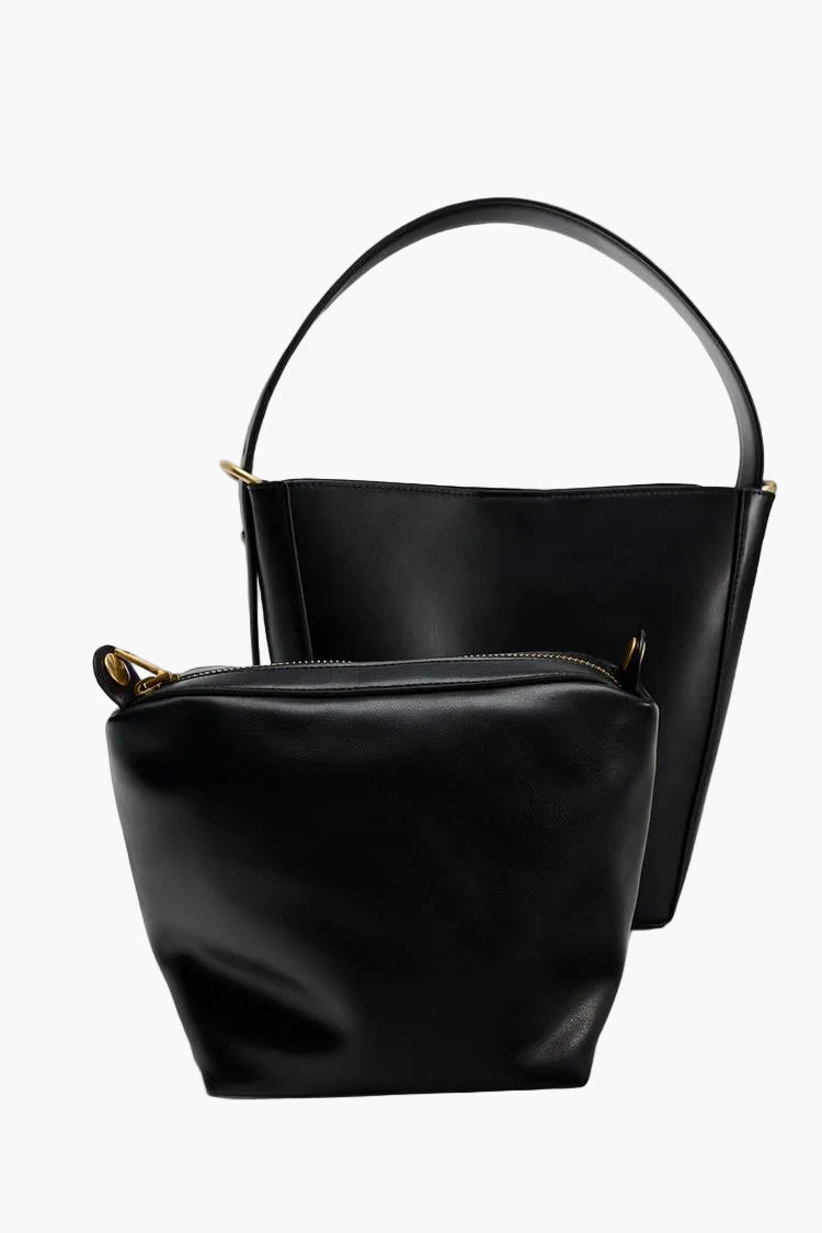 black structured bucket bag with matching pouch