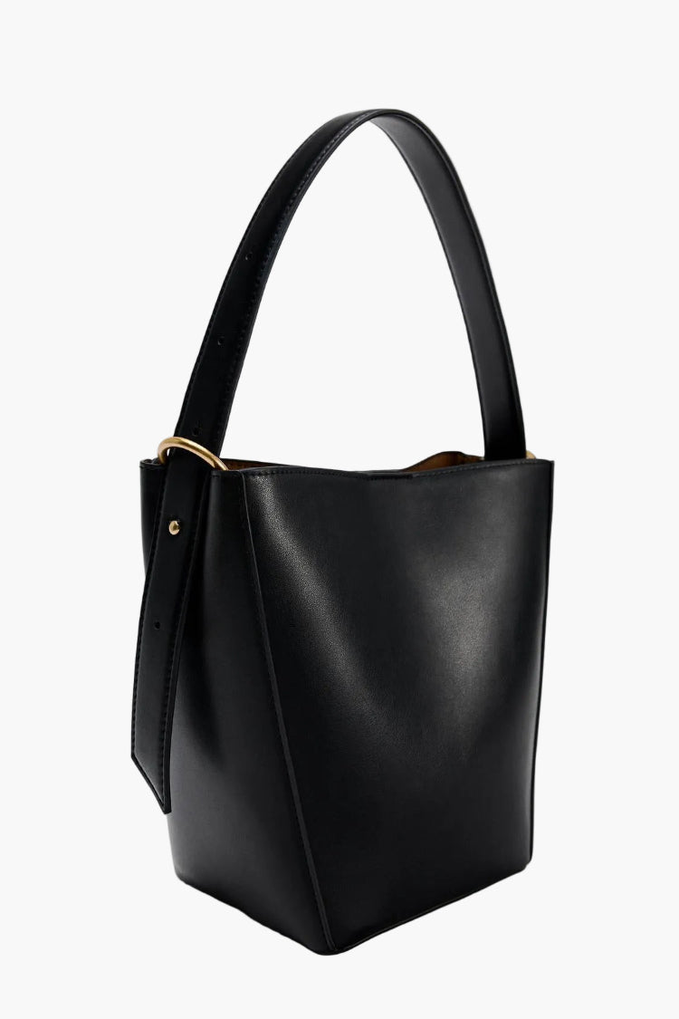 black bucket bag side view women structured elegant
