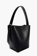 black bucket bag side view women structured elegant