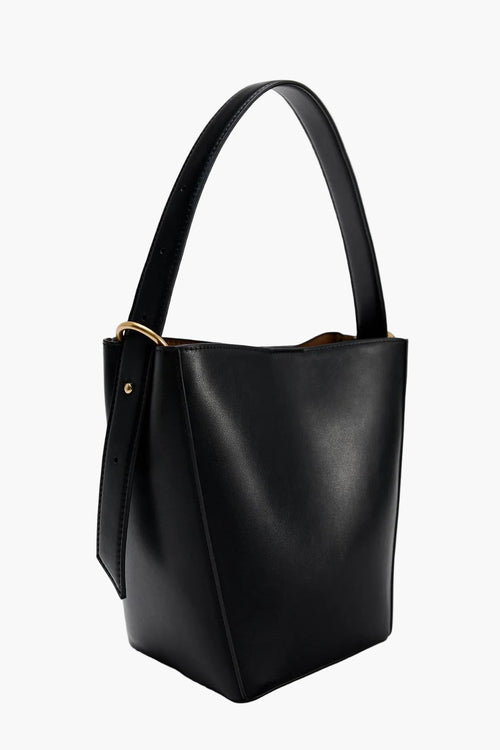 black bucket bag side view women structured elegant