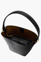 black structured bucket bag with gold zipper detail
