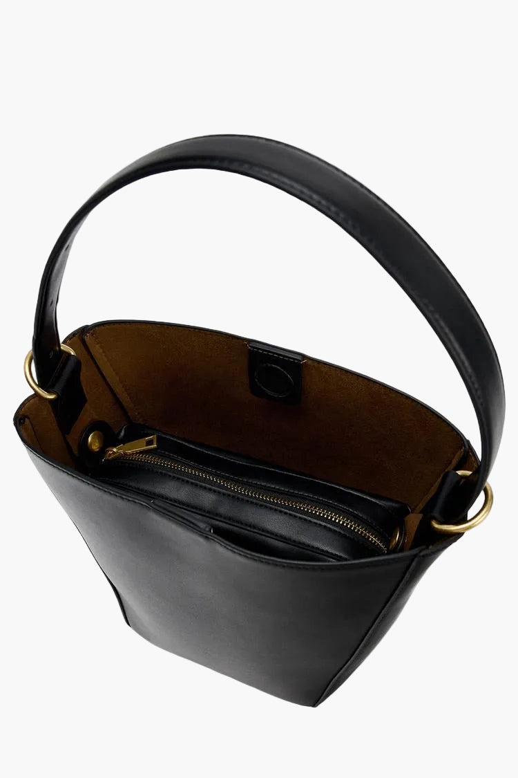 black structured bucket bag with gold zipper detail
