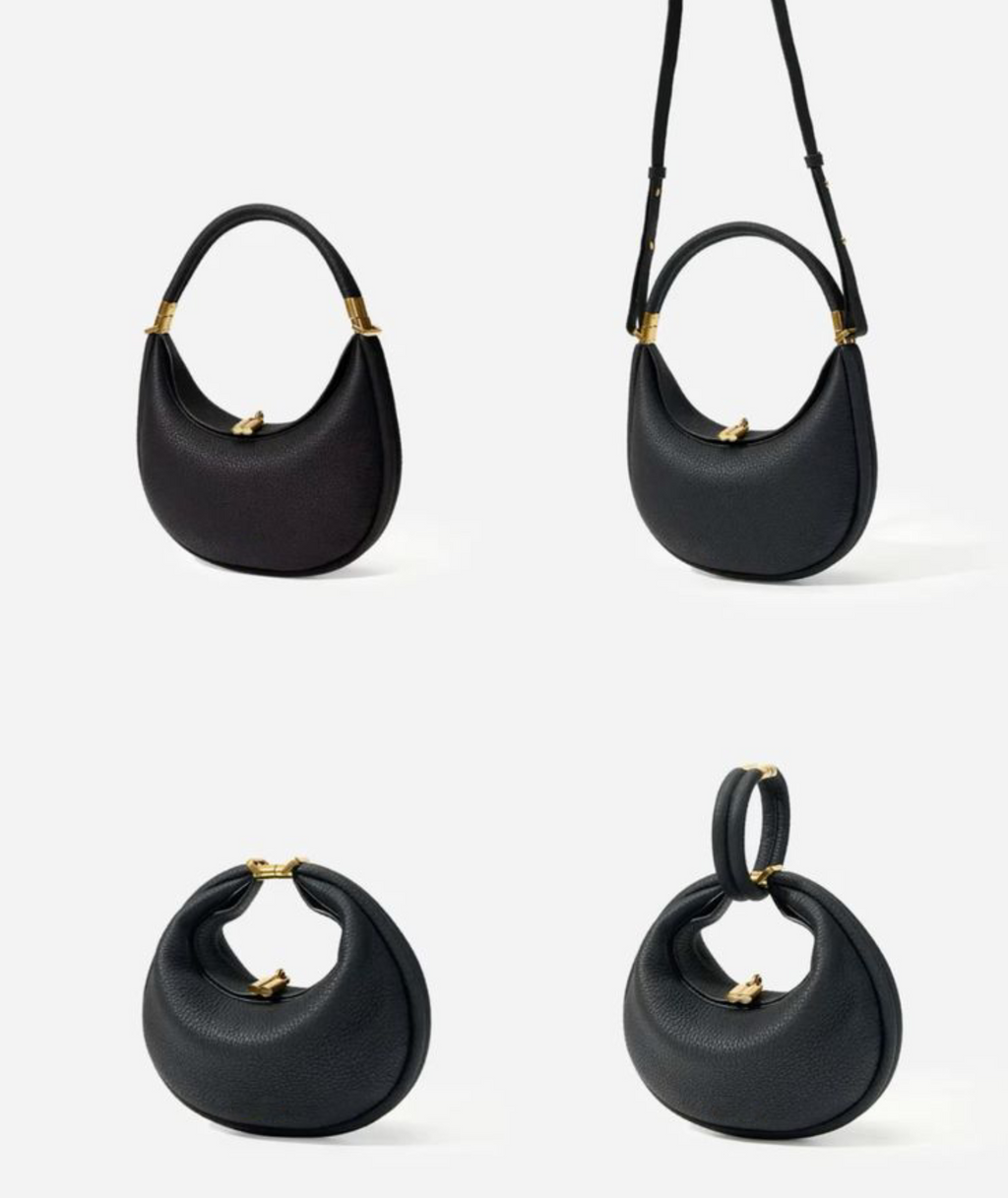 black crescent shoulder bag shown in four styles with gold hardware