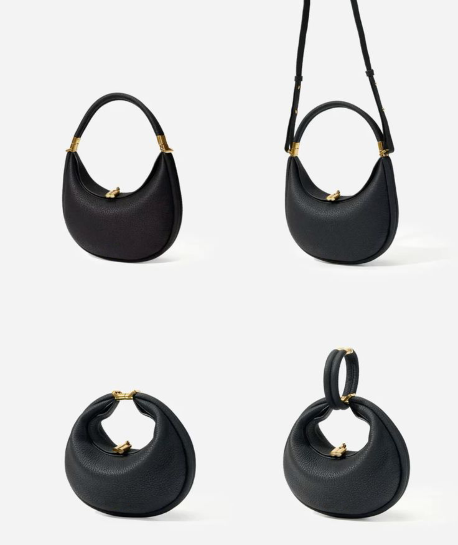 black crescent shoulder bag shown in four styles with gold hardware