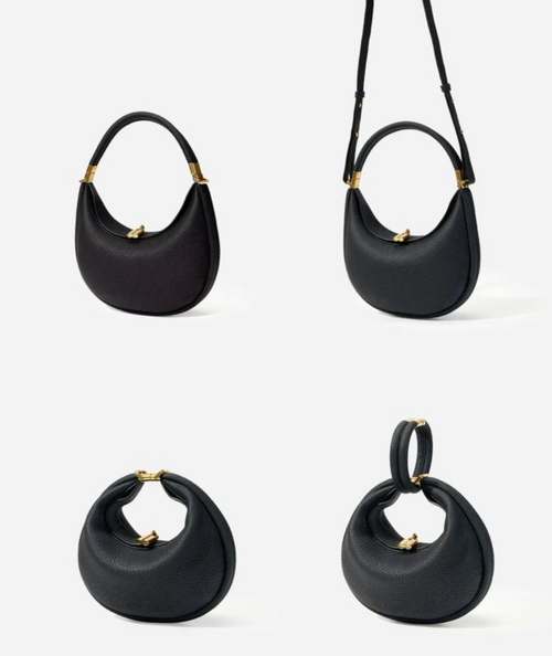 black crescent shoulder bag shown in four styles with gold hardware