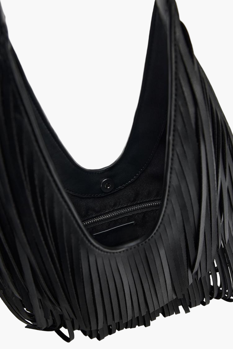 fringe tote bag close up detail black women