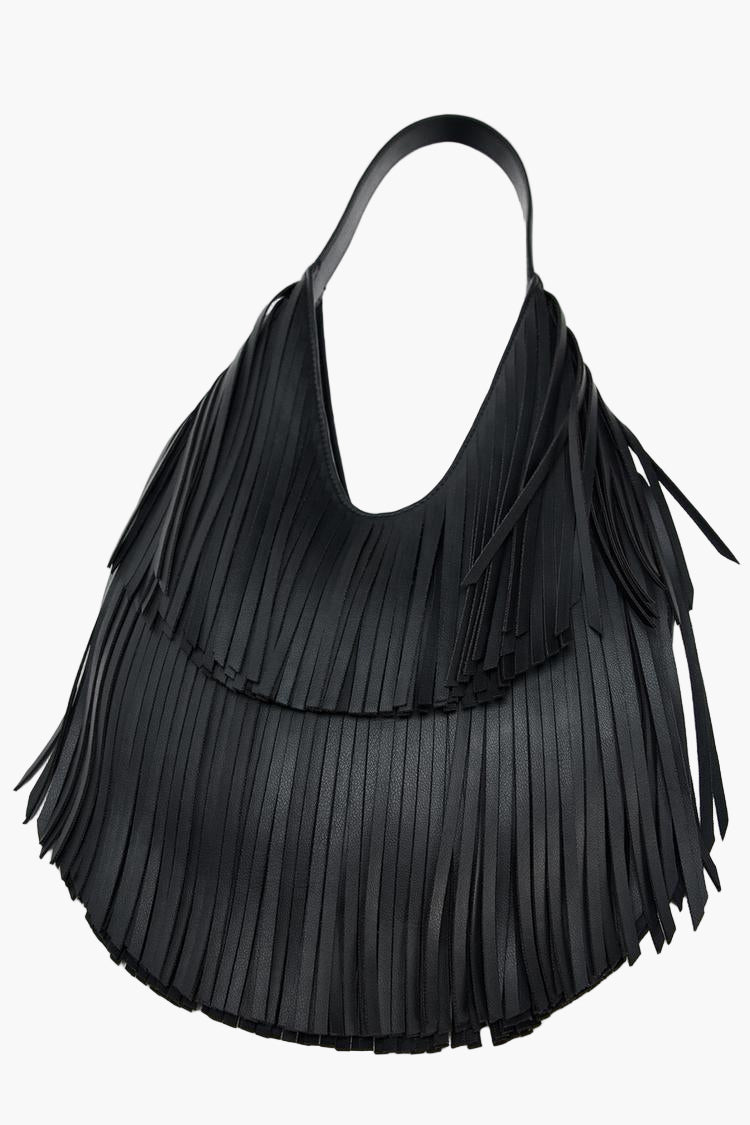 black fringe tote bag flat lay women statement