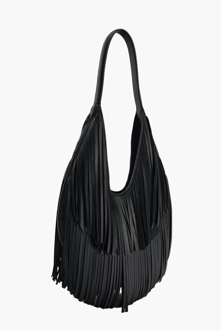black fringe tote side view women sculptural bag