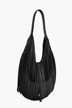 black fringe tote side view women sculptural bag