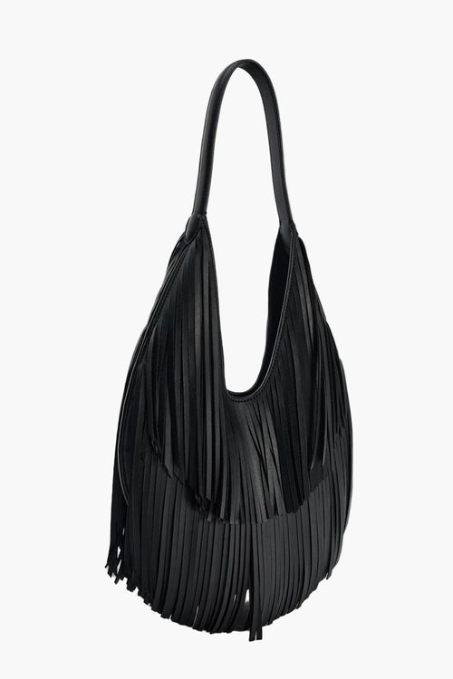 black fringe tote side view women sculptural bag