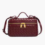 woven mini crossbody bag burgundy women gold zip hardware top handle