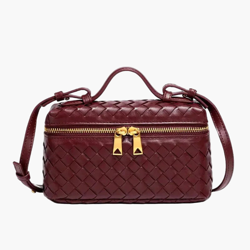 woven mini crossbody bag burgundy women gold zip hardware top handle