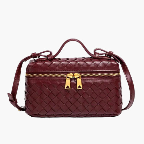woven mini crossbody bag burgundy women gold zip hardware top handle
