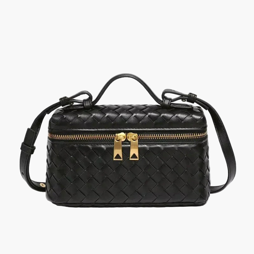 woven mini crossbody bag black women gold zip hardware elegant