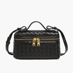 woven mini crossbody bag black women gold zip hardware elegant
