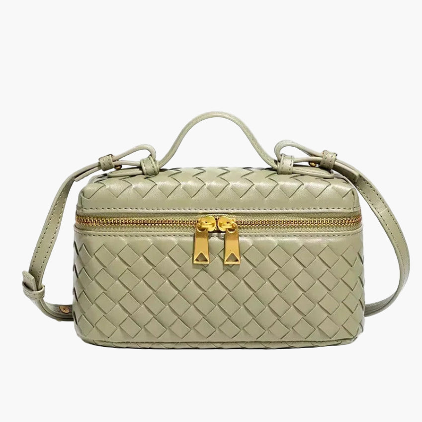 woven mini crossbody bag dark green women gold zip hardware elegant