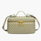 woven mini crossbody bag dark green women gold zip hardware elegant