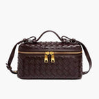 woven mini crossbody bag dark brown women gold zip hardware elegant