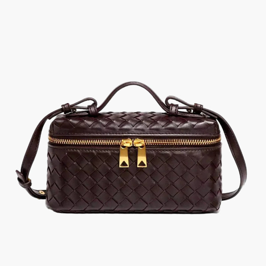 woven mini crossbody bag dark brown women gold zip hardware elegant