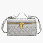 woven mini crossbody bag grey silver women gold zip hardware elegant