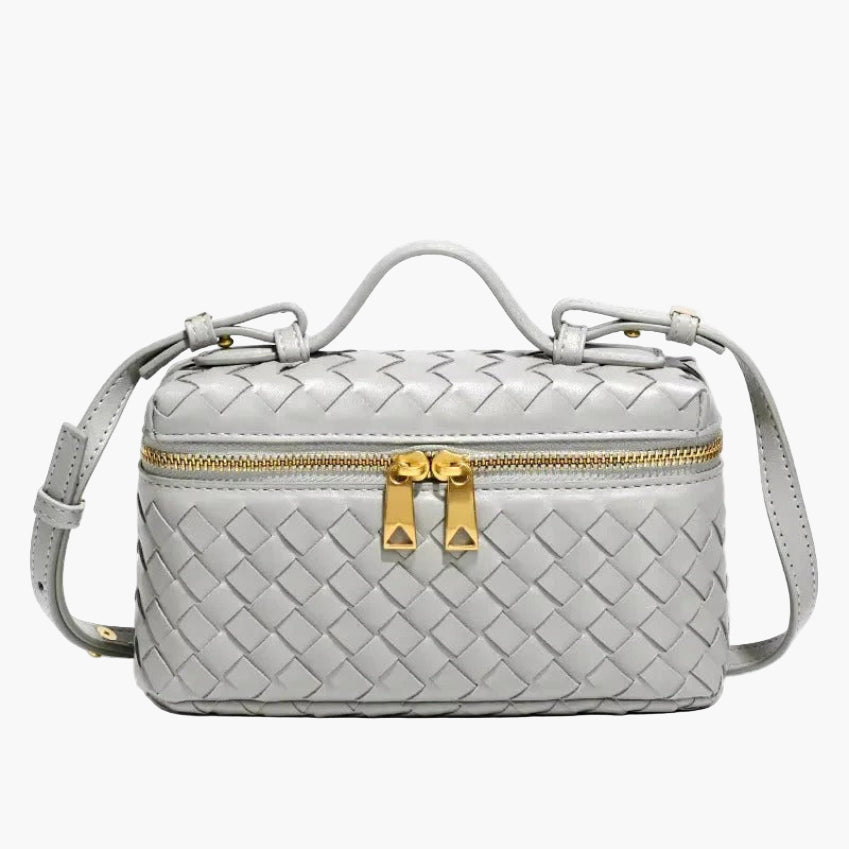woven mini crossbody bag grey silver women gold zip hardware elegant