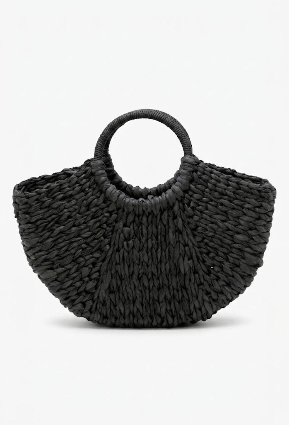black crescent straw bag front view with round handles