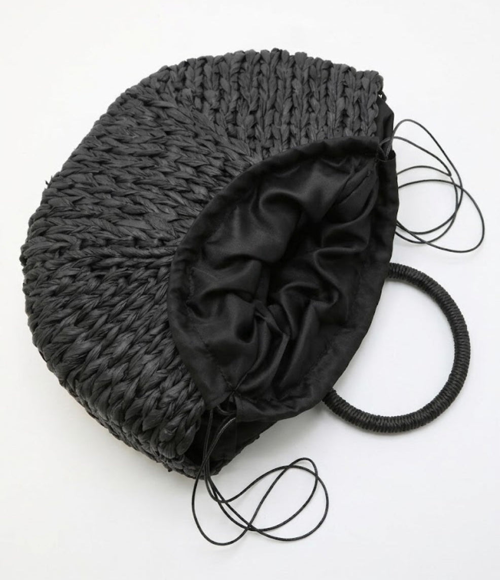 black crescent straw bag open interior with drawstring lining
