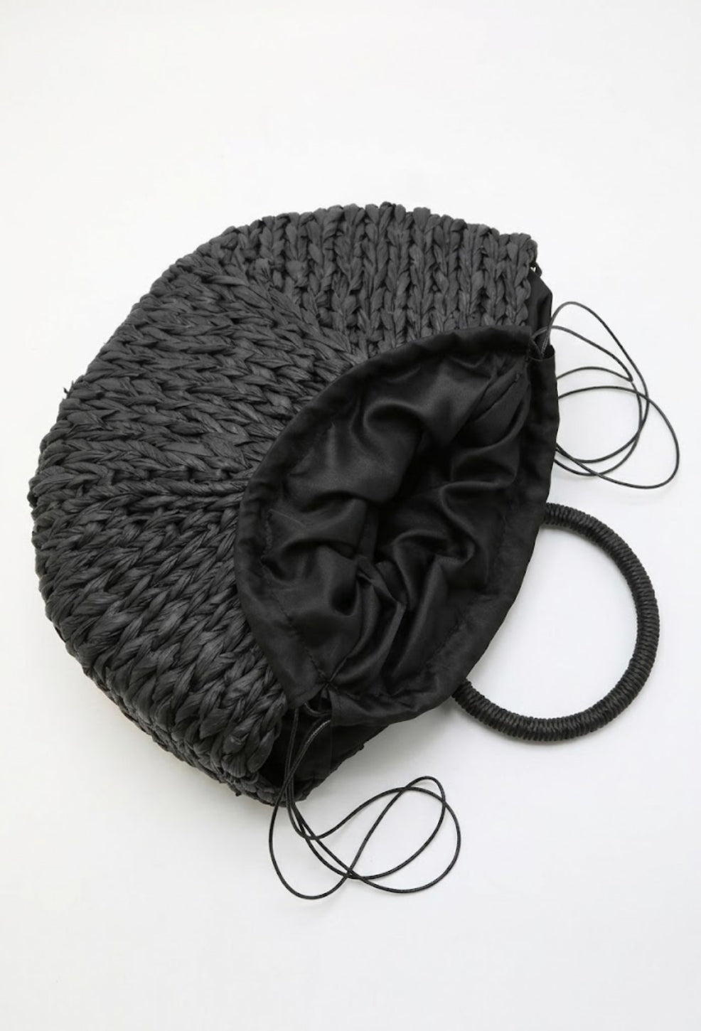 black crescent straw bag open interior with drawstring lining