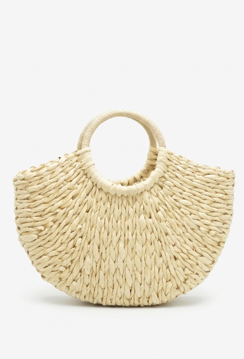 cream crescent straw bag front view with round handles