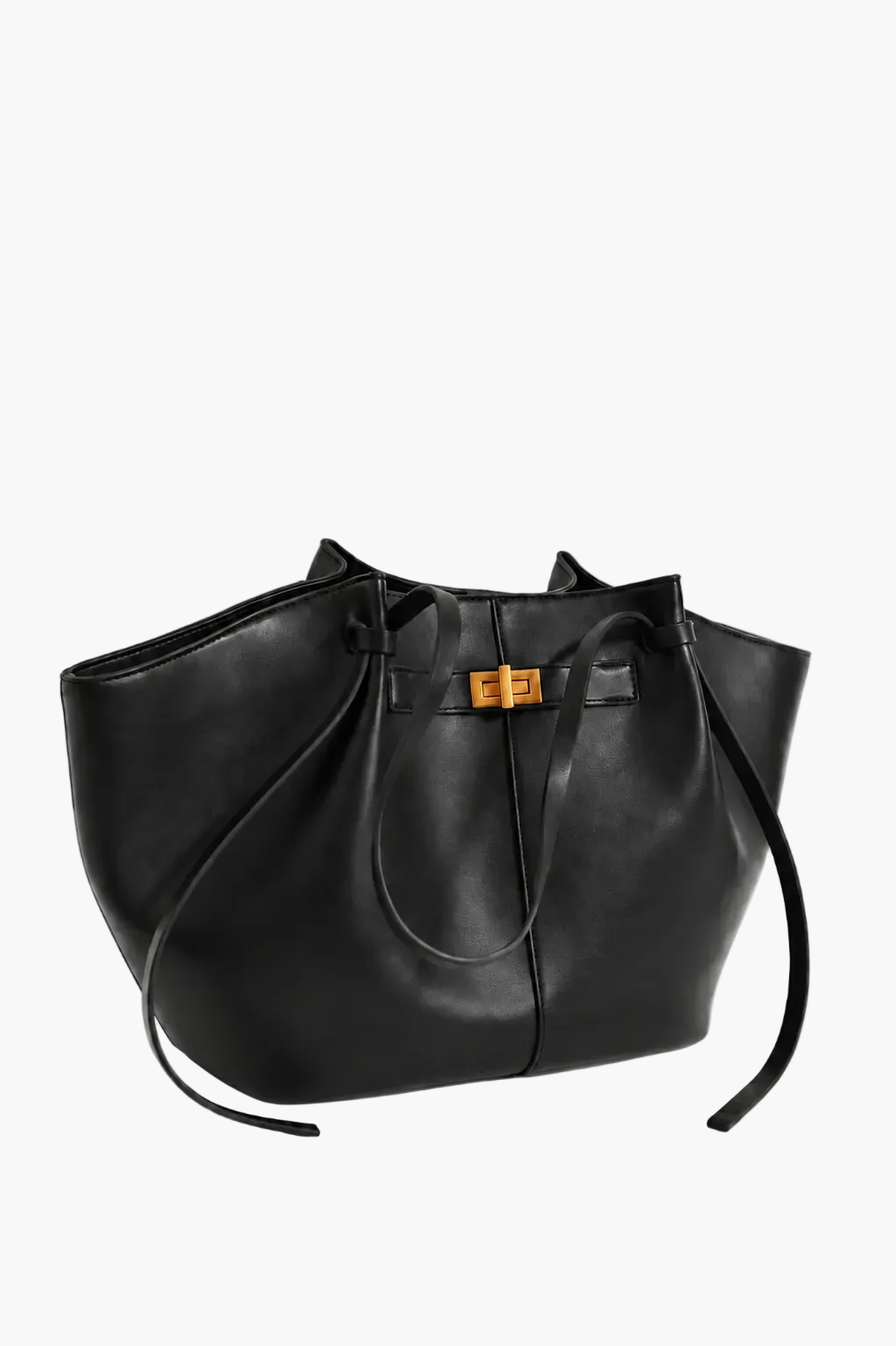 Gina black oversized belted tote bag side view showing wide structured carryall silhouette