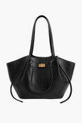 Gina black oversized belted tote bag with gold-tone turn-lock and long shoulder straps