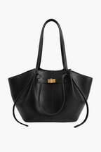 Gina black oversized belted tote bag with gold-tone turn-lock and long shoulder straps
