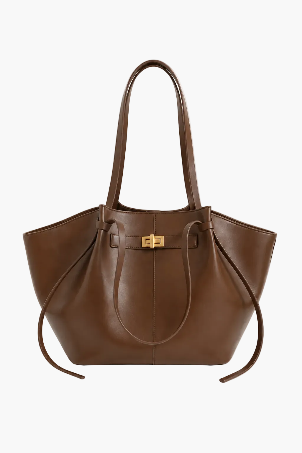 A brown leather tote bag with double shoulder straps and a gold-tone front clasp, photographed against a clean off-white background.