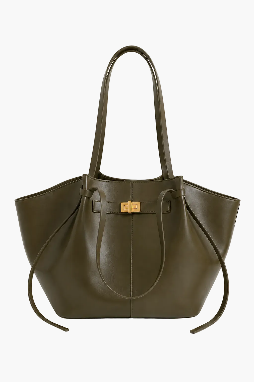 An olive green leather tote bag with double shoulder straps and a gold-tone turn-lock closure on the front, displayed against a clean off-white background.