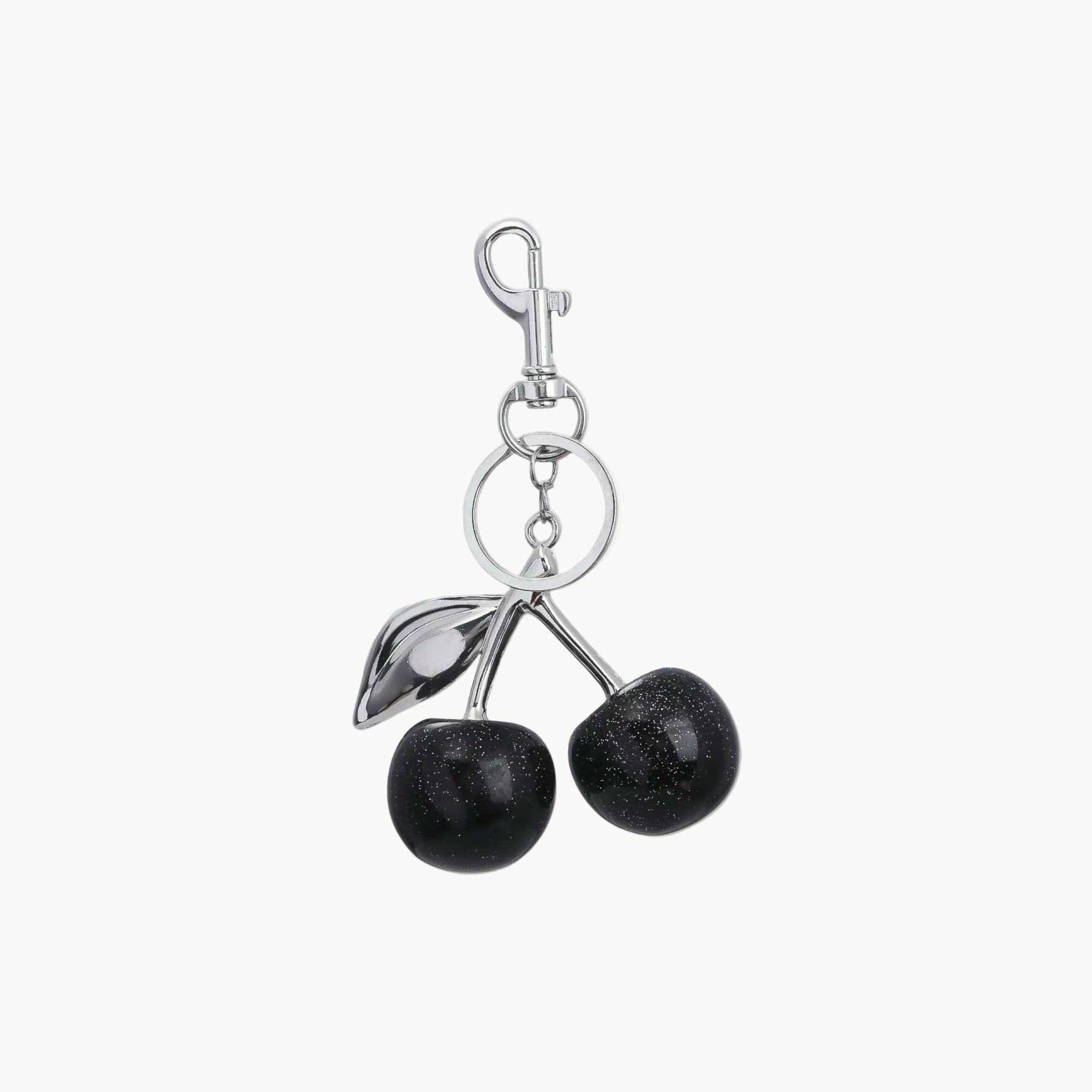 Black cherry-shaped keychain with silver clip on a white background