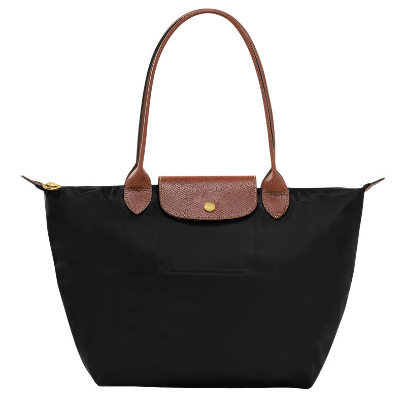 Le Pliage Medium Tote Bag in black with brown shoulder handles, zip closure and gold-tone hardware
