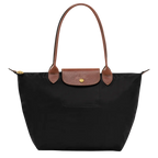 Le Pliage Medium Tote Bag in black with brown shoulder handles, zip closure and gold-tone hardware