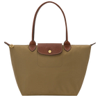 Le Pliage Medium Tote Bag in khaki with brown shoulder handles and lightweight foldable design