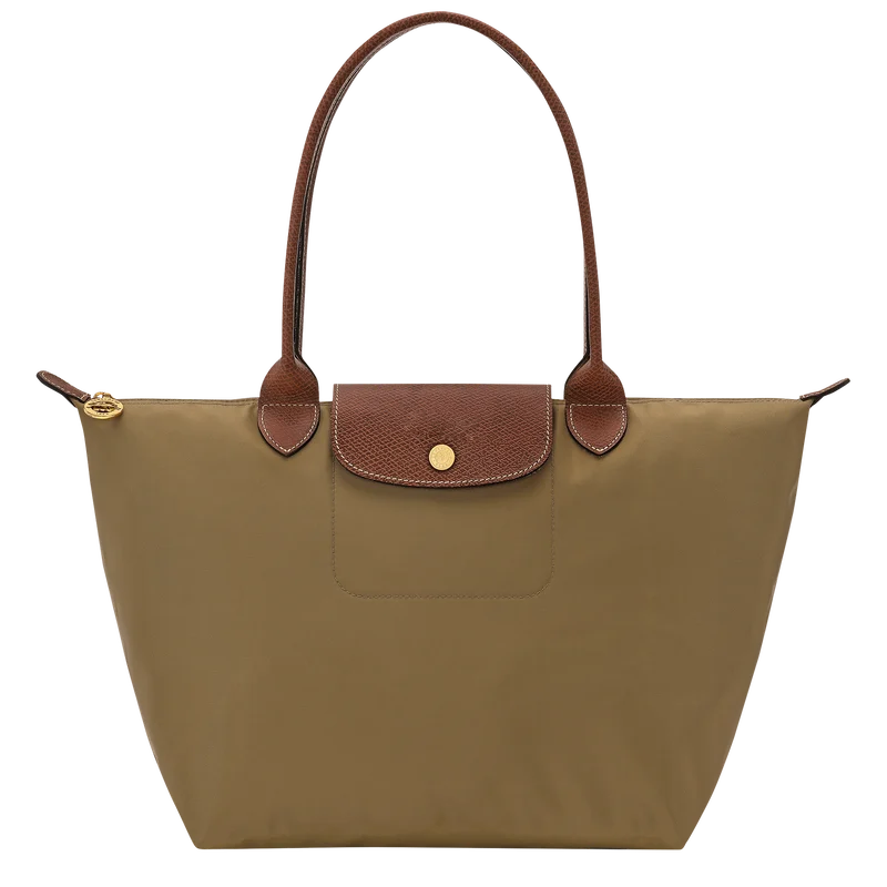 Le Pliage Medium Tote Bag in khaki with brown shoulder handles and lightweight foldable design