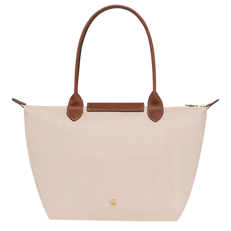 Le Pliage Medium Tote Bag in Paper back view with long brown shoulder handles and zip closure