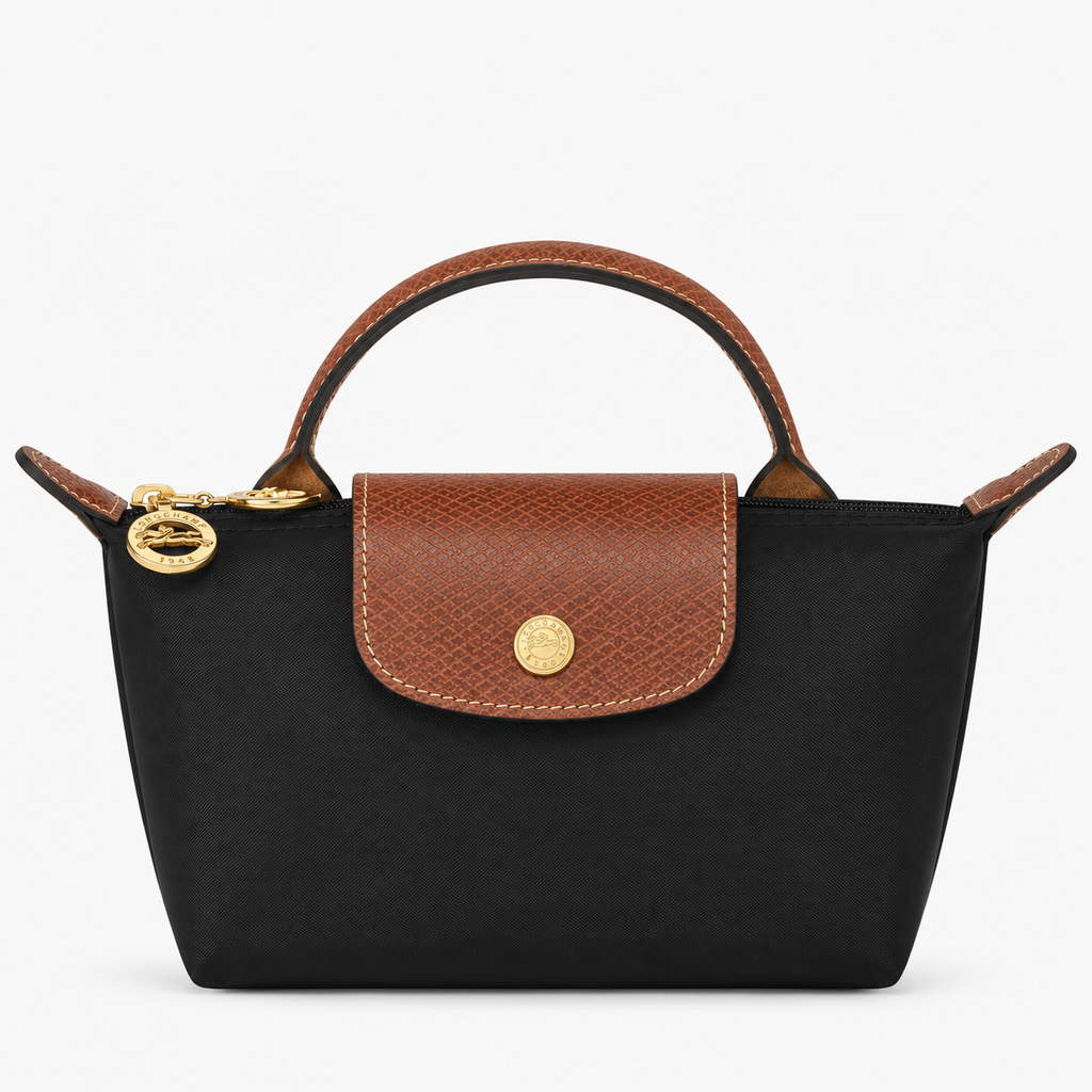 Le Pliage Mini Pouch in Black, front view with brown trim