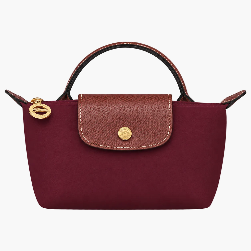Le Pliage Mini Pouch in Burgundy, front view with brown trim