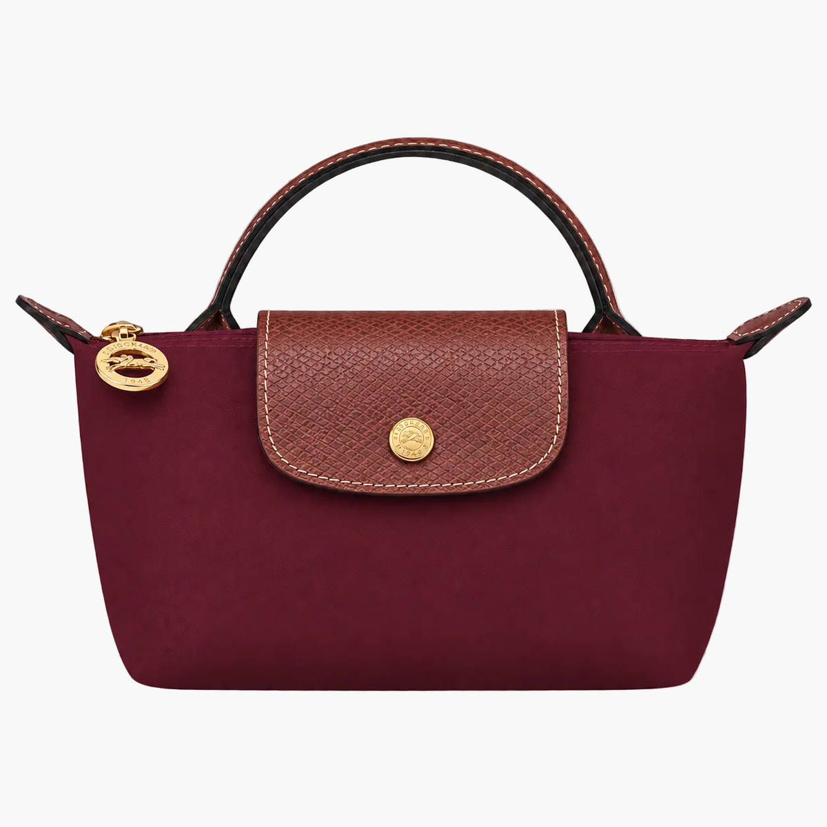 Le Pliage Mini Pouch in Burgundy, front view with brown trim