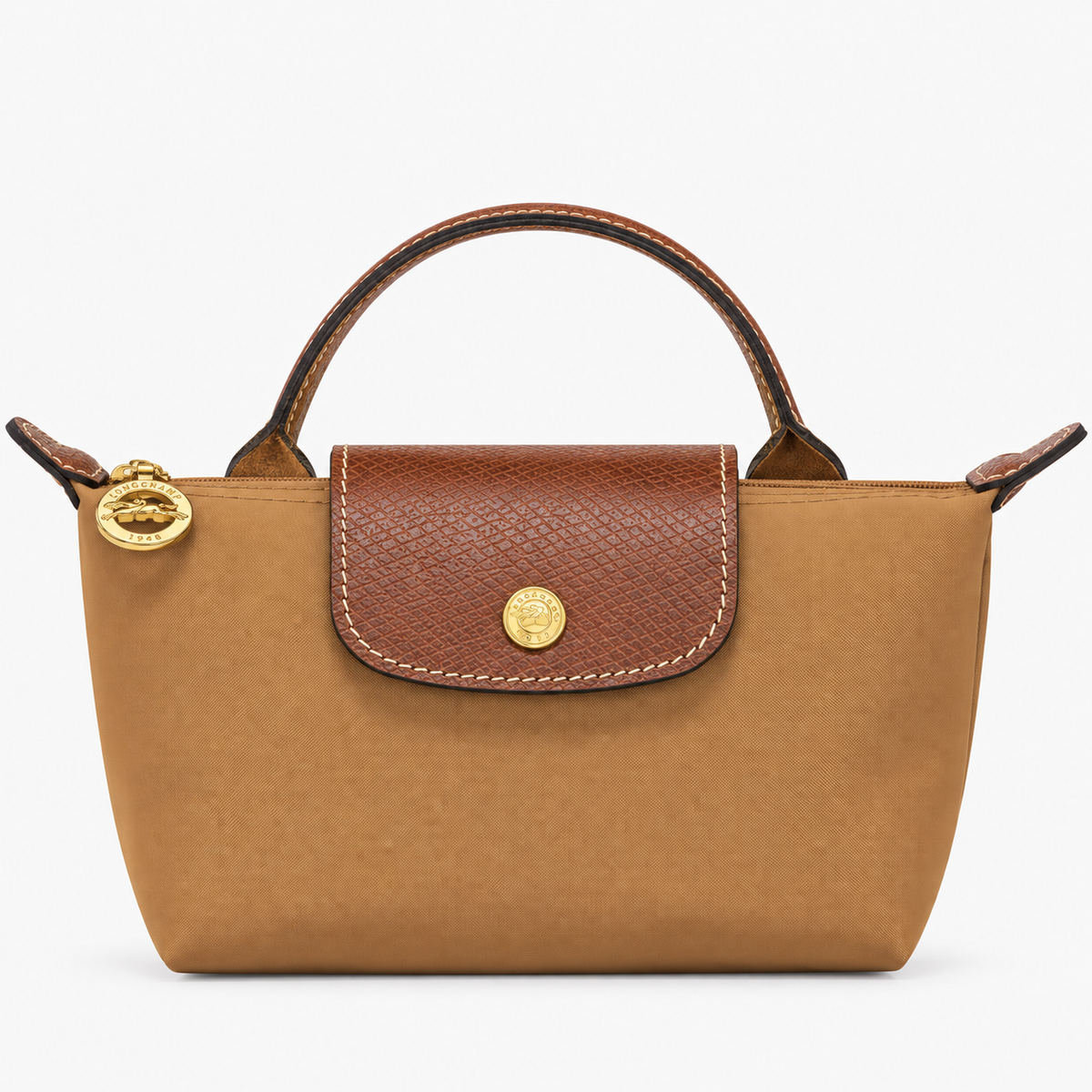 Le Pliage Mini Pouch in Caramel, front view with brown trim