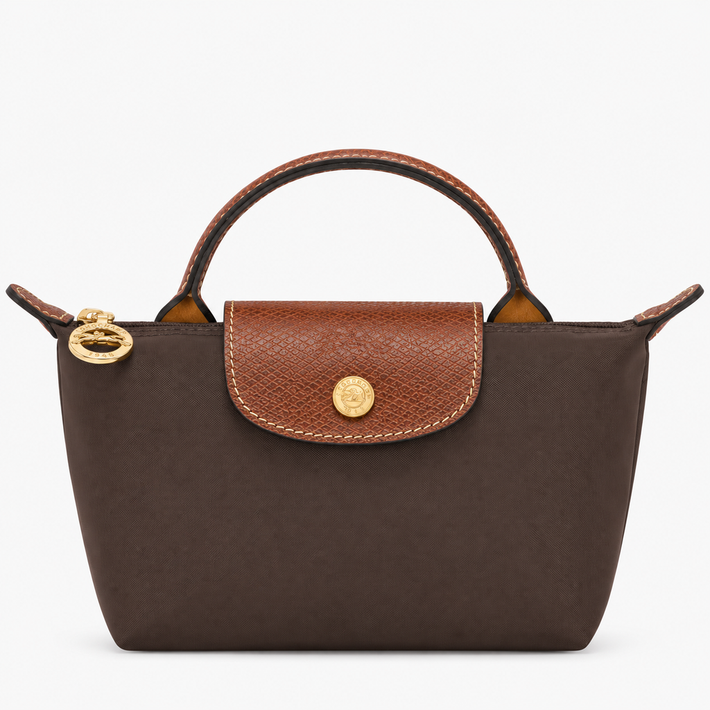 Le Pliage Mini Pouch in Mocha, front view with brown trim