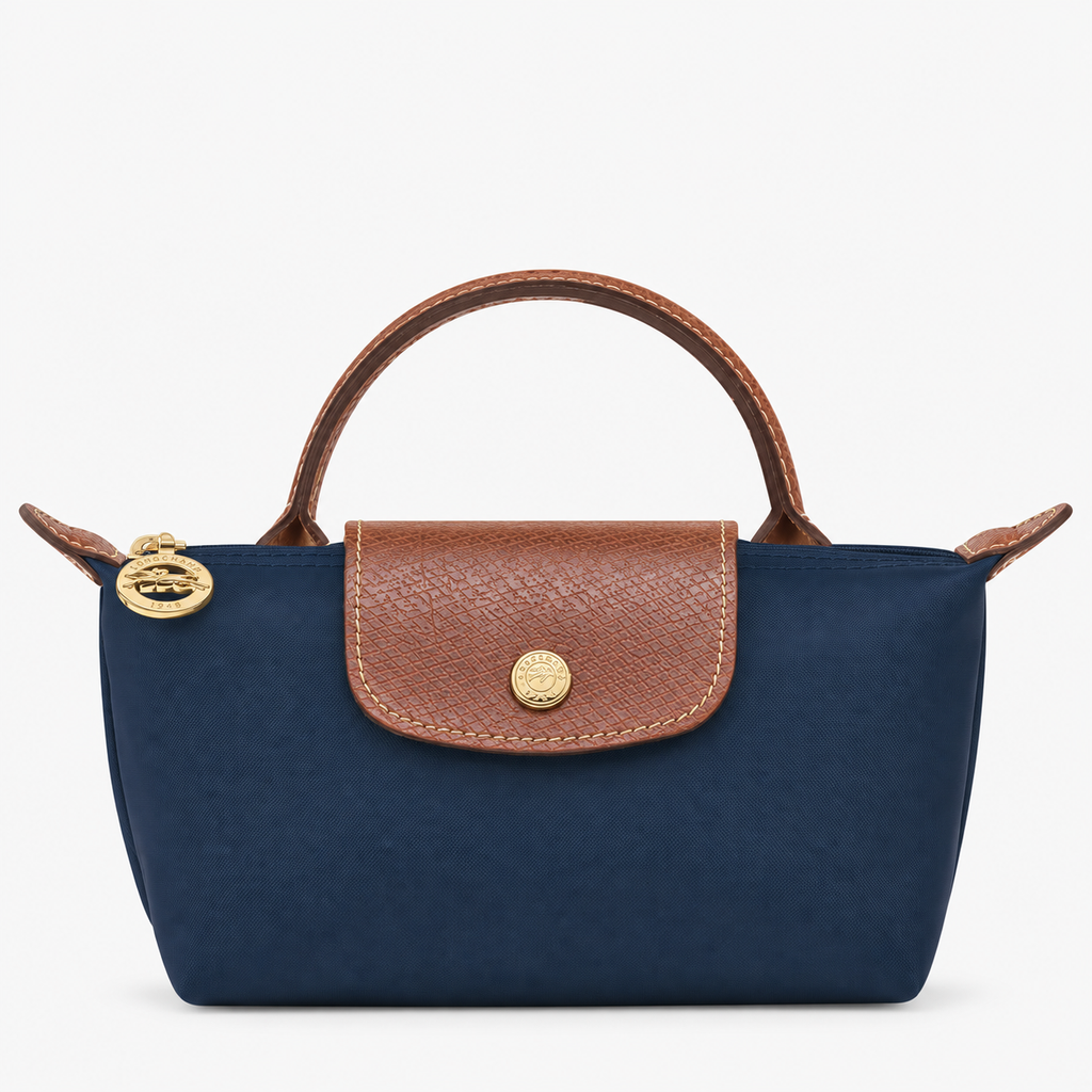 Le Pliage Mini Pouch in Navy, front view with brown trim